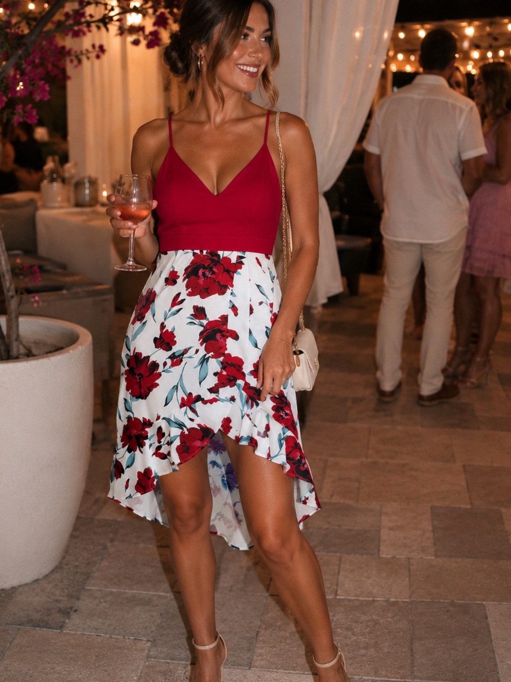 SHEIN Red Floral Ruffle Hem Midi Dress Size Medium